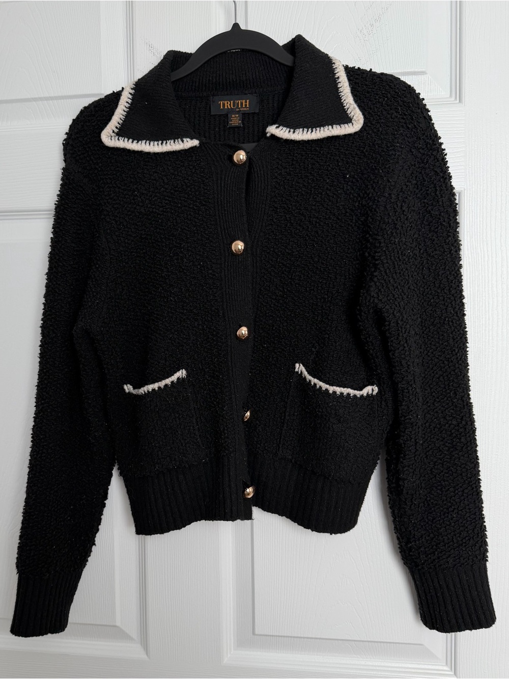 Truth Black Teddy Cardigan with White Trim and Gold Buttons